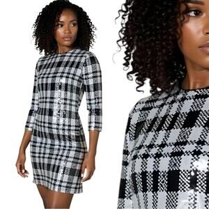 Draper James NWT Black and White Plaid Sequin Sheath Mini Dress Size 12 $98.00
